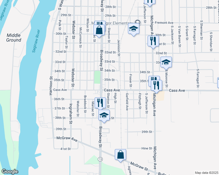 map of restaurants, bars, coffee shops, grocery stores, and more near 1521 Stanton Street in Bay City