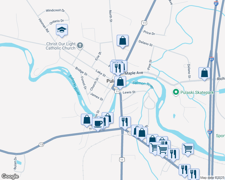 map of restaurants, bars, coffee shops, grocery stores, and more near 1 South Jefferson Street in Pulaski