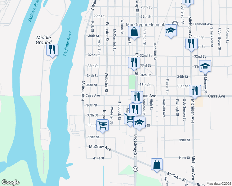 map of restaurants, bars, coffee shops, grocery stores, and more near 605 Cass Avenue in Bay City