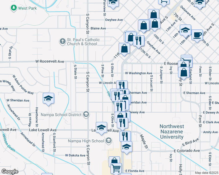 map of restaurants, bars, coffee shops, grocery stores, and more near 320 South Pine Street in Nampa