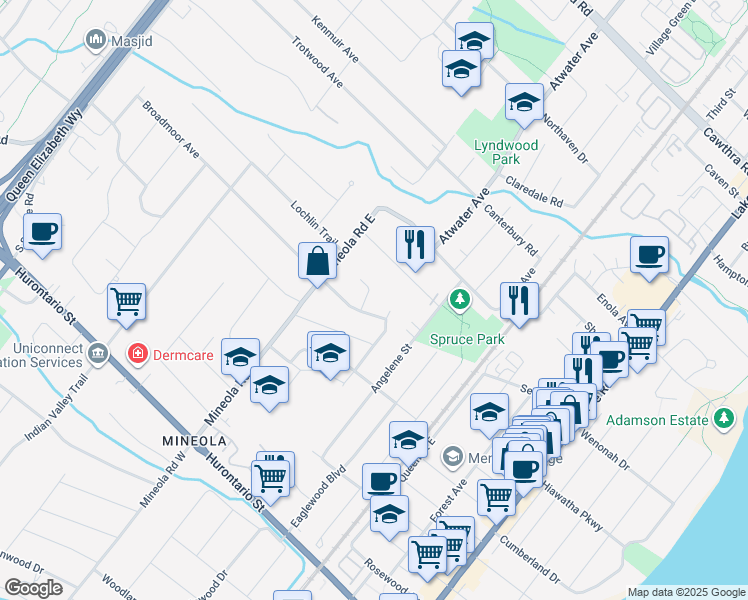 map of restaurants, bars, coffee shops, grocery stores, and more near 250 Timothy Court in Mississauga