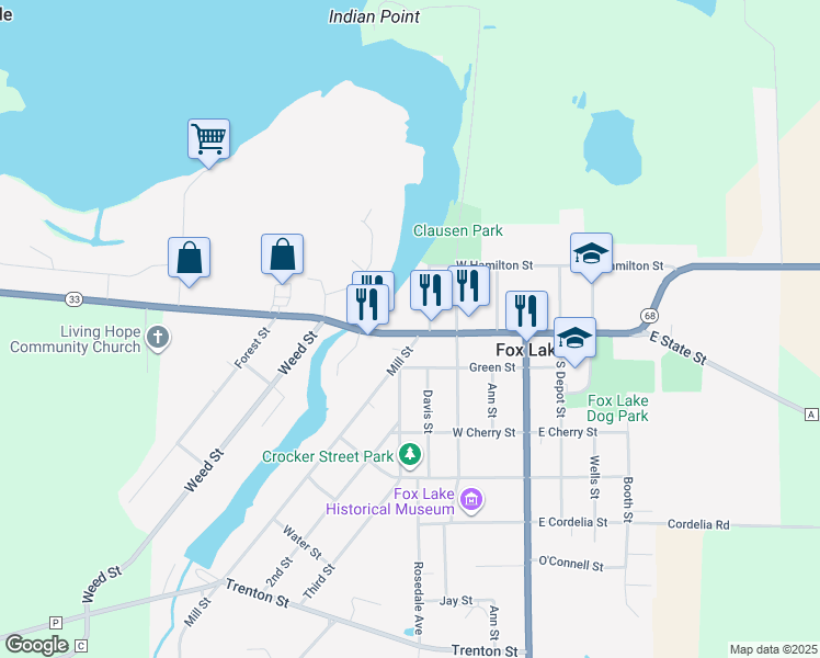 map of restaurants, bars, coffee shops, grocery stores, and more near 503 State Highway 33 Trunk in Fox Lake