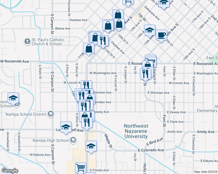 map of restaurants, bars, coffee shops, grocery stores, and more near 312 Maple Street in Nampa