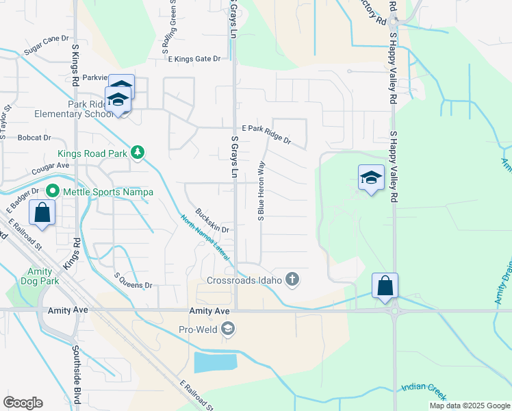 map of restaurants, bars, coffee shops, grocery stores, and more near 313 South Blue Heron Way in Nampa