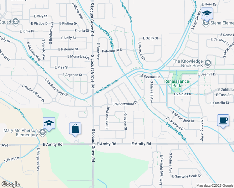 map of restaurants, bars, coffee shops, grocery stores, and more near 4284 South Overhill Way in Meridian