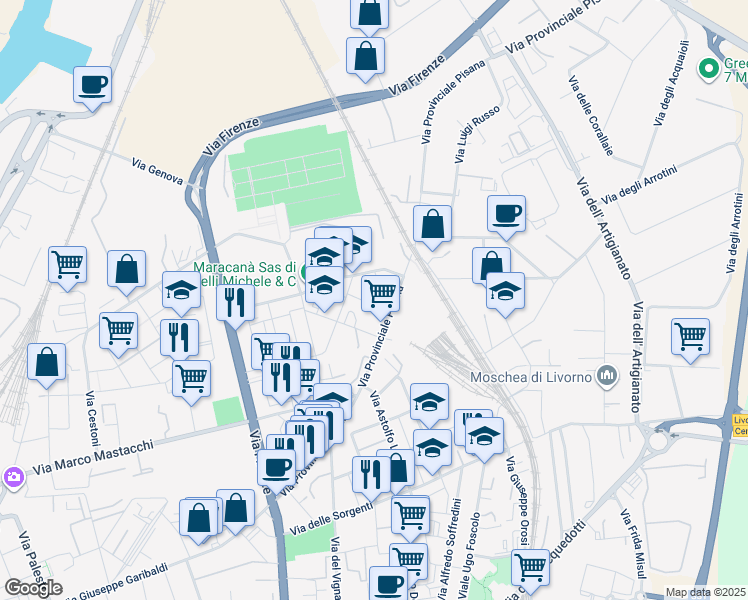 map of restaurants, bars, coffee shops, grocery stores, and more near Via Aspromonte in Livorno