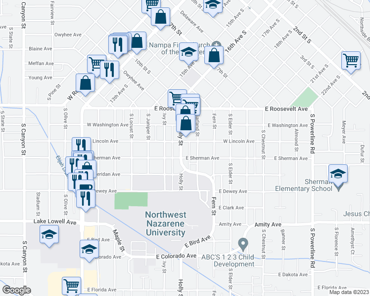 map of restaurants, bars, coffee shops, grocery stores, and more near 314 Holly Street in Nampa