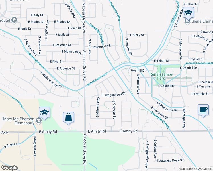 map of restaurants, bars, coffee shops, grocery stores, and more near 4284 South Overhill Way in Meridian