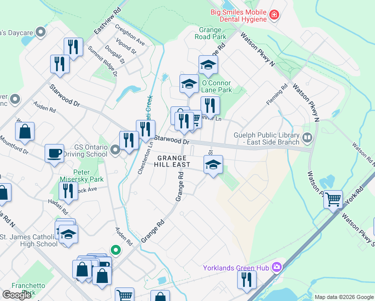 map of restaurants, bars, coffee shops, grocery stores, and more near in Guelph