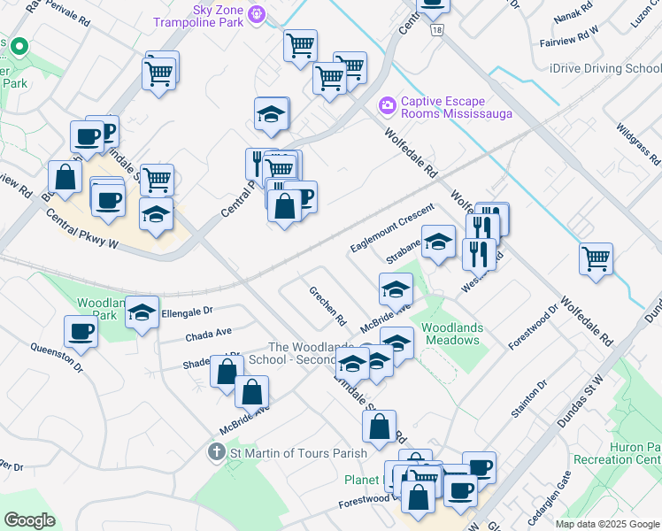 map of restaurants, bars, coffee shops, grocery stores, and more near 3321 Oakglade Crescent in Mississauga