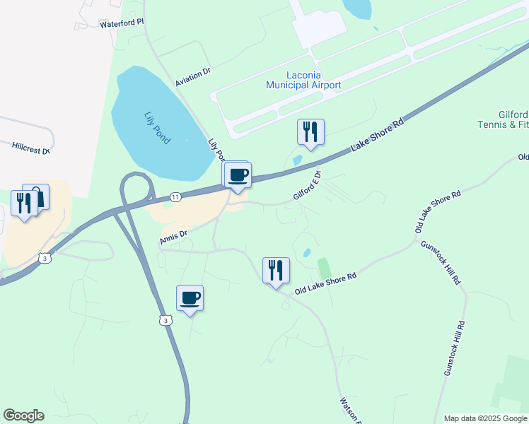 map of restaurants, bars, coffee shops, grocery stores, and more near 44 Gilford East Drive in Gilford