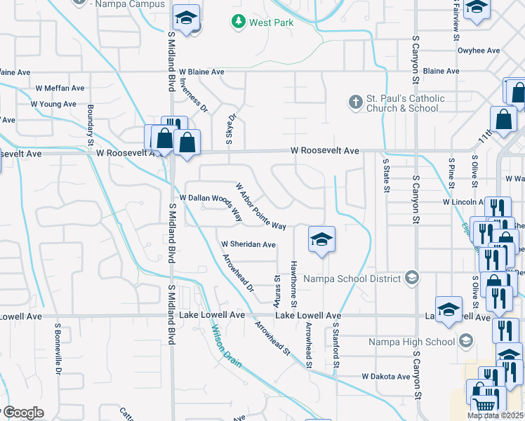 map of restaurants, bars, coffee shops, grocery stores, and more near 730 West Arbor Pointe Way in Nampa