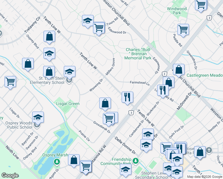 map of restaurants, bars, coffee shops, grocery stores, and more near 6101 Tenth Line West in Mississauga