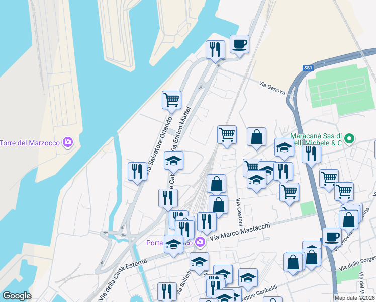 map of restaurants, bars, coffee shops, grocery stores, and more near 90 Via delle Cateratte in Livorno