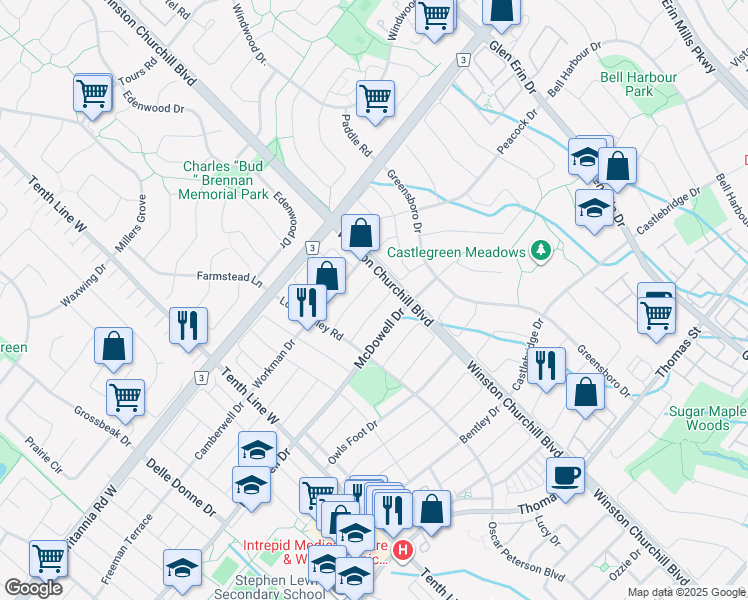 map of restaurants, bars, coffee shops, grocery stores, and more near 3073 Caulfield Crescent in Mississauga