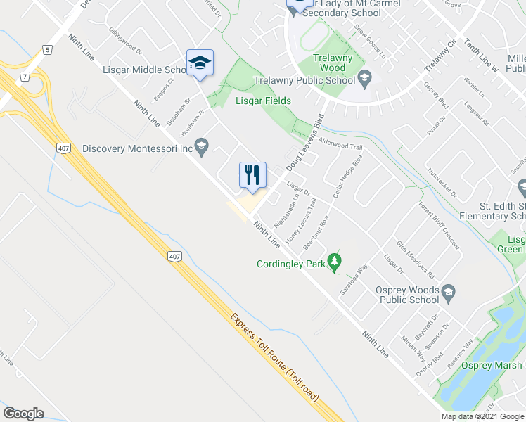map of restaurants, bars, coffee shops, grocery stores, and more near 6565 Sapling Trail in Mississauga