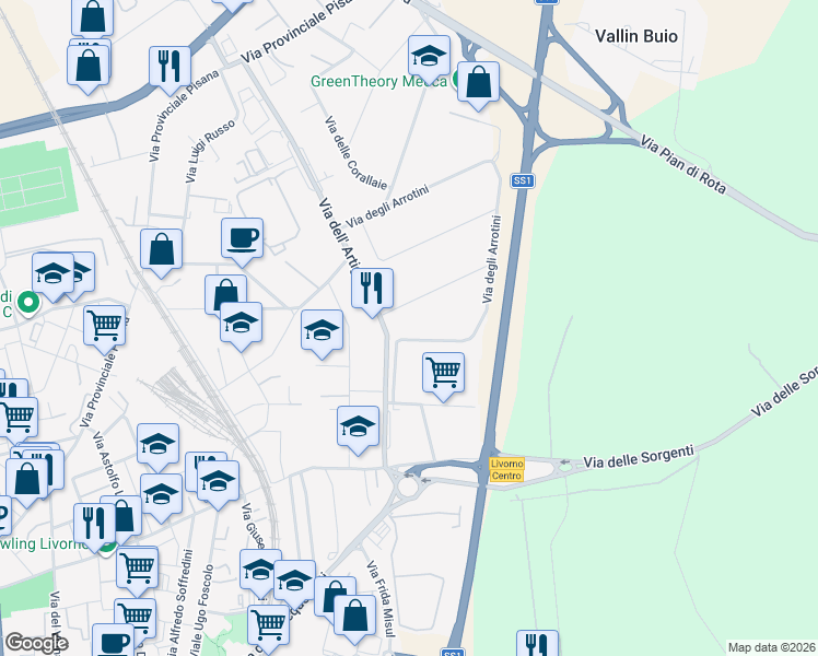 map of restaurants, bars, coffee shops, grocery stores, and more near 11 Via degli Arrotini in Livorno