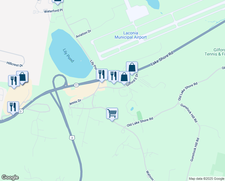 map of restaurants, bars, coffee shops, grocery stores, and more near 44 Gilford East Drive in Gilford
