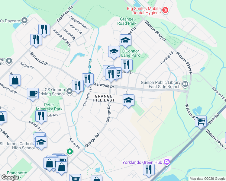 map of restaurants, bars, coffee shops, grocery stores, and more near in Guelph
