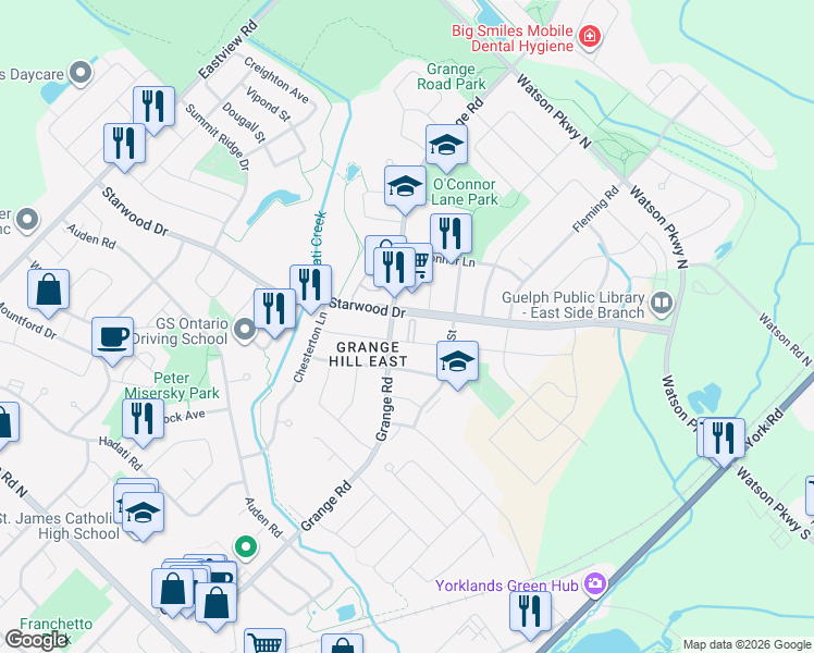 map of restaurants, bars, coffee shops, grocery stores, and more near 175 Silurian Drive in Guelph