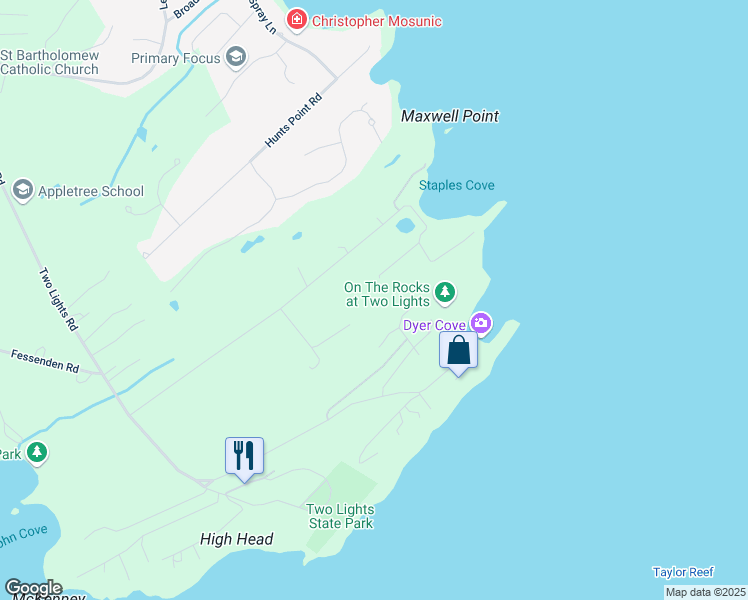 map of restaurants, bars, coffee shops, grocery stores, and more near 11 Sunrise Drive in Portland