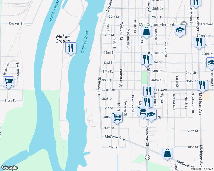 map of restaurants, bars, coffee shops, grocery stores, and more near 1214 Taylor Street in Bay City