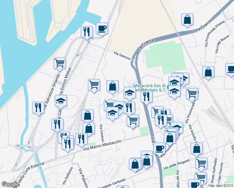 map of restaurants, bars, coffee shops, grocery stores, and more near 49 Via Fabio Filzi in Livorno