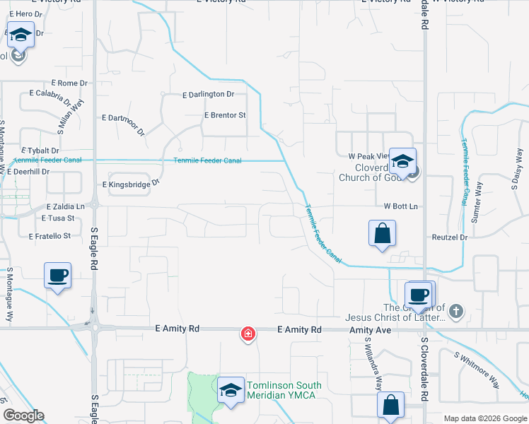 map of restaurants, bars, coffee shops, grocery stores, and more near 4262 South Stockenham Avenue in Meridian