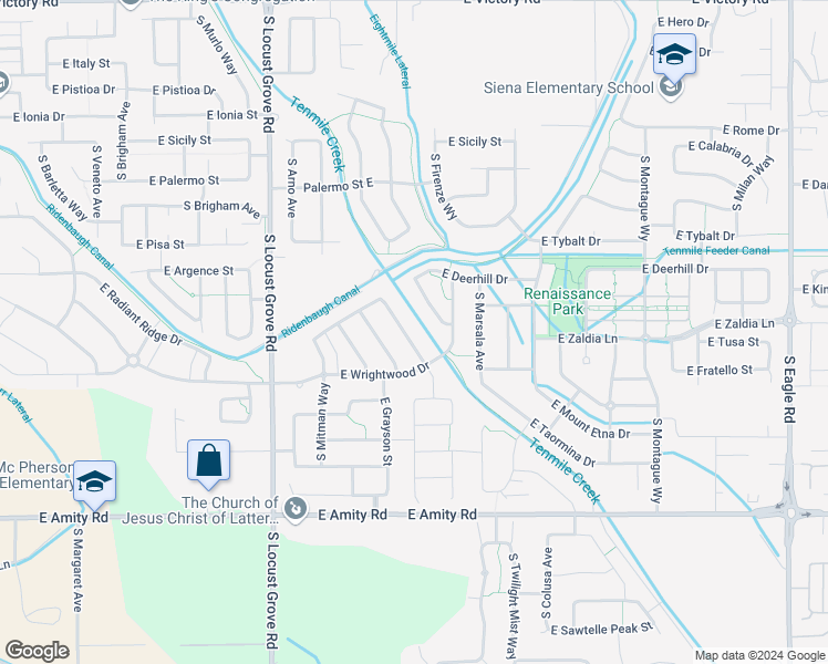 map of restaurants, bars, coffee shops, grocery stores, and more near 4252 South Rangewood Way in Meridian