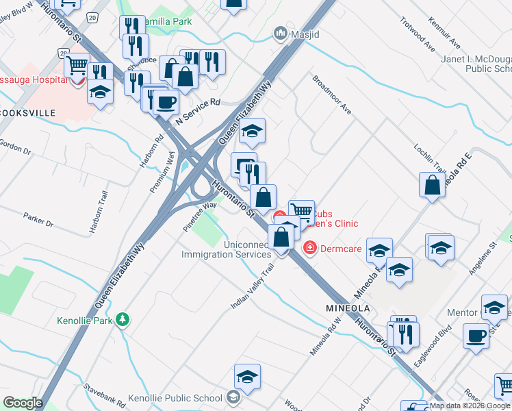 map of restaurants, bars, coffee shops, grocery stores, and more near 1561 Hurontario Street in Mississauga