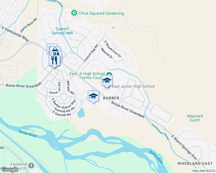 map of restaurants, bars, coffee shops, grocery stores, and more near 5600 East Warm Springs Avenue in Boise