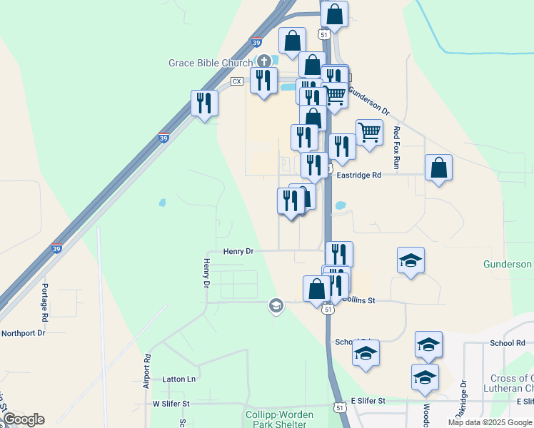 map of restaurants, bars, coffee shops, grocery stores, and more near 2842 Village Road in Portage