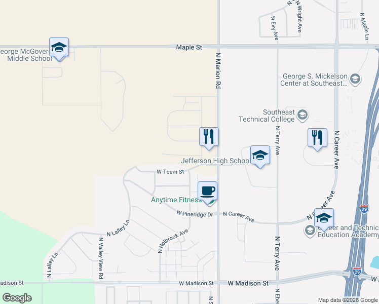 map of restaurants, bars, coffee shops, grocery stores, and more near West Teem Street in Sioux Falls