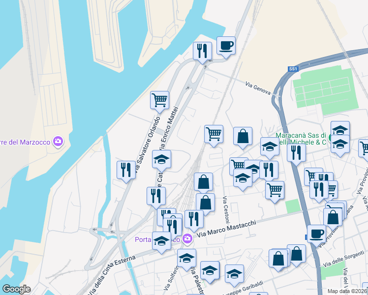 map of restaurants, bars, coffee shops, grocery stores, and more near 92 Via delle Cateratte in Livorno
