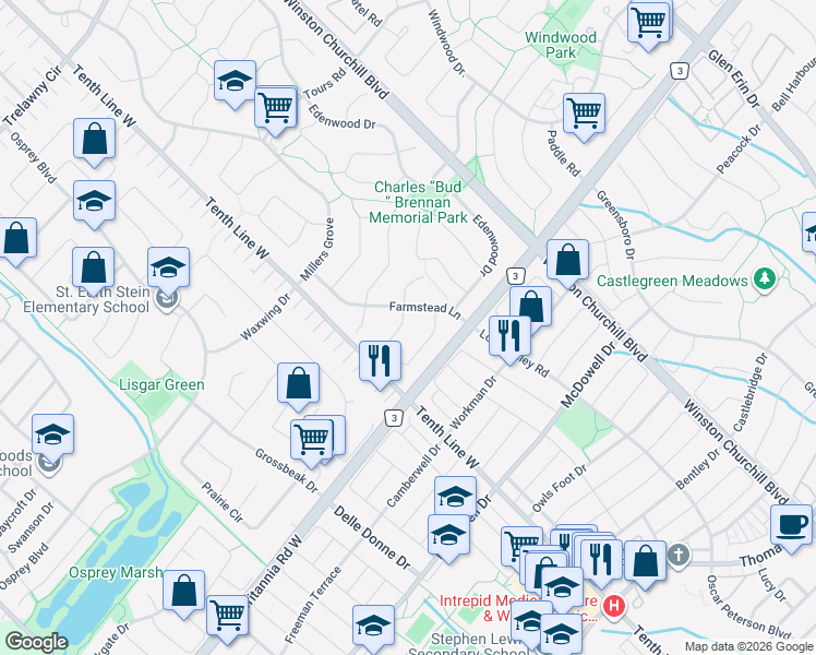 map of restaurants, bars, coffee shops, grocery stores, and more near 3265 Anderson Crescent in Mississauga