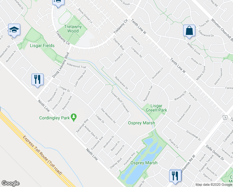 map of restaurants, bars, coffee shops, grocery stores, and more near 3706 Forest Bluff Crescent in Mississauga