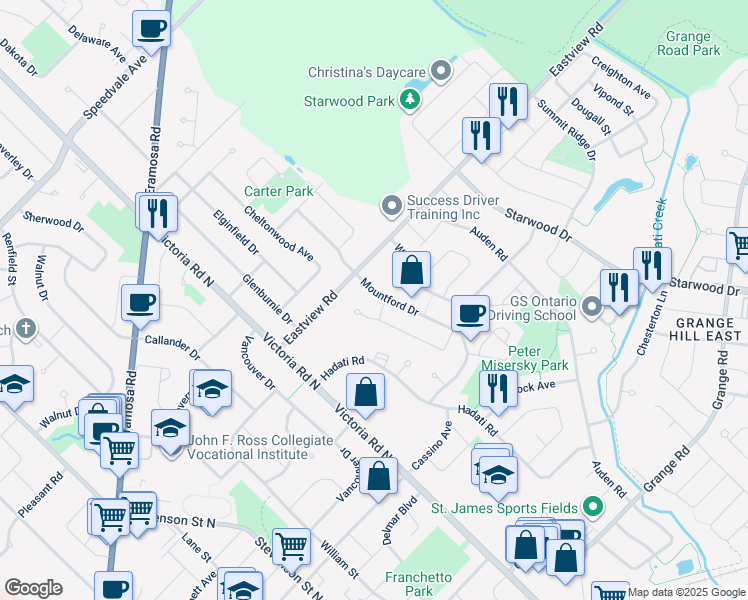 map of restaurants, bars, coffee shops, grocery stores, and more near 88 Mountford Drive in Guelph