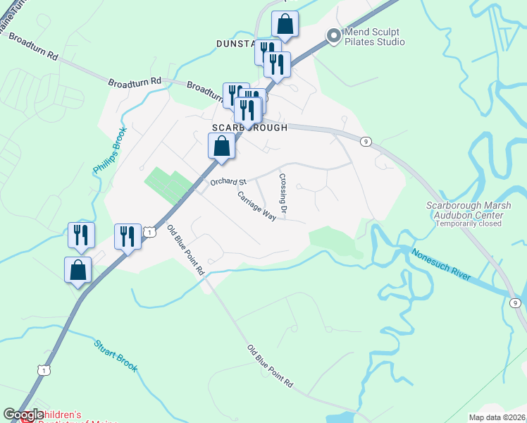 map of restaurants, bars, coffee shops, grocery stores, and more near Carriage Way in Scarborough