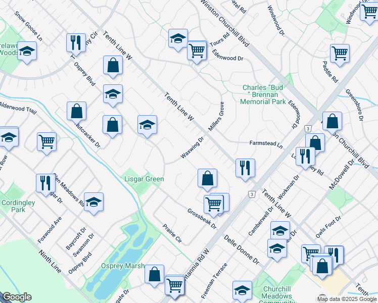 map of restaurants, bars, coffee shops, grocery stores, and more near Waxwing Drive in Mississauga