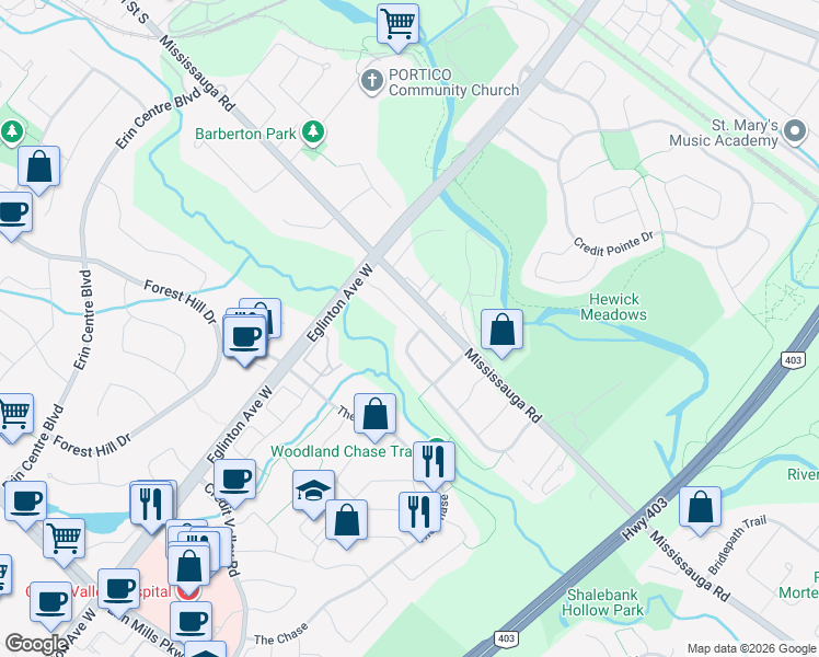 map of restaurants, bars, coffee shops, grocery stores, and more near 4654 Badminton Drive in Mississauga