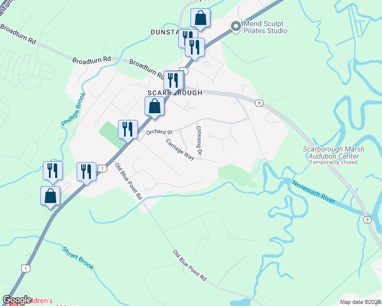 map of restaurants, bars, coffee shops, grocery stores, and more near 10 Carriage Way in Scarborough