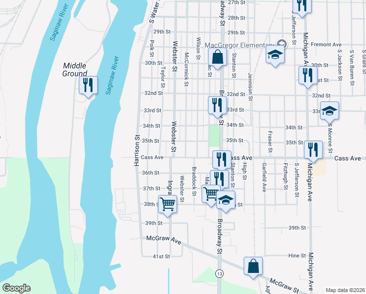 map of restaurants, bars, coffee shops, grocery stores, and more near 605 Cass Avenue in Bay City