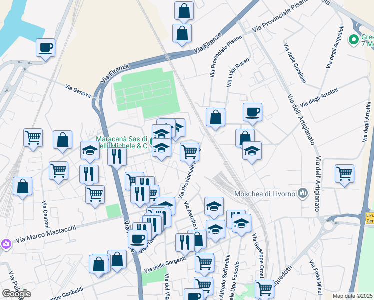 map of restaurants, bars, coffee shops, grocery stores, and more near Via Aspromonte in Livorno