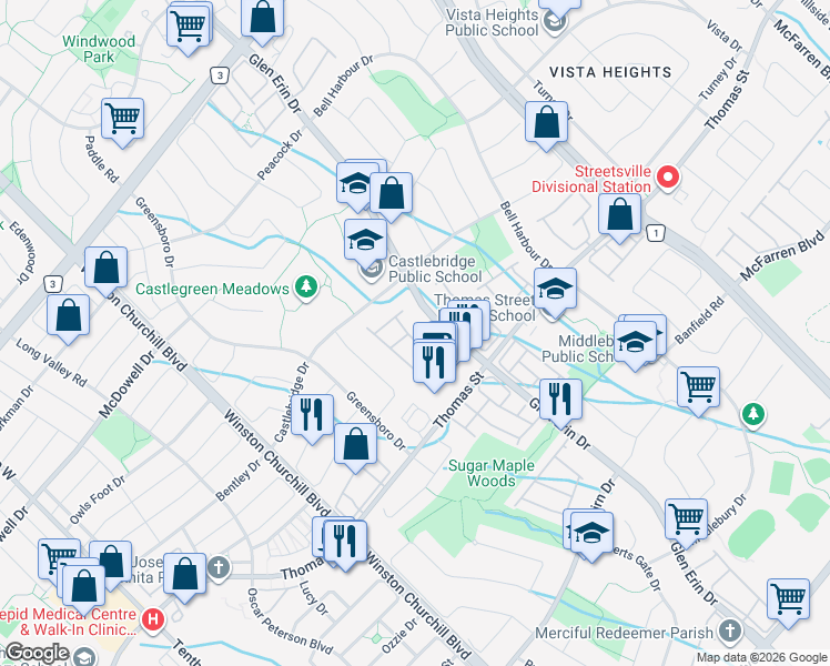 map of restaurants, bars, coffee shops, grocery stores, and more near 5662 Glen Erin Drive in Mississauga