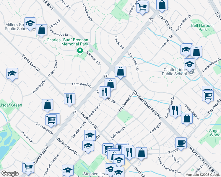 map of restaurants, bars, coffee shops, grocery stores, and more near 3057 Workman Drive in Mississauga