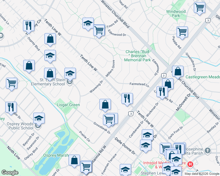 map of restaurants, bars, coffee shops, grocery stores, and more near 6141 Tenth Line West in Mississauga