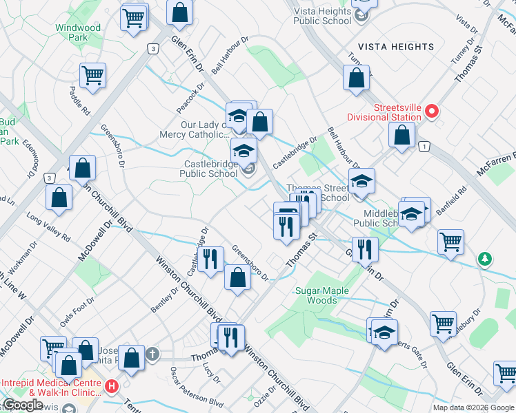 map of restaurants, bars, coffee shops, grocery stores, and more near 5662 Glen Erin Drive in Mississauga
