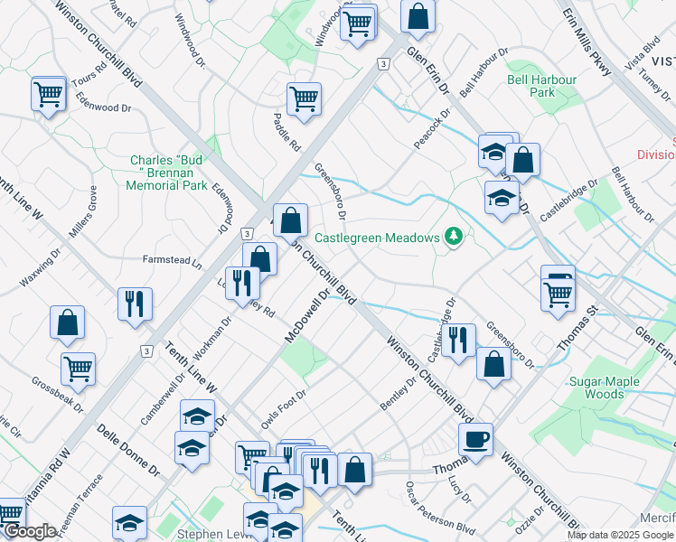 map of restaurants, bars, coffee shops, grocery stores, and more near 2991 Wellesley Drive in Mississauga