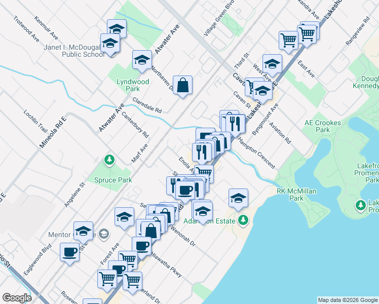 map of restaurants, bars, coffee shops, grocery stores, and more near 1062 Douglas McCurdy Common in Mississauga
