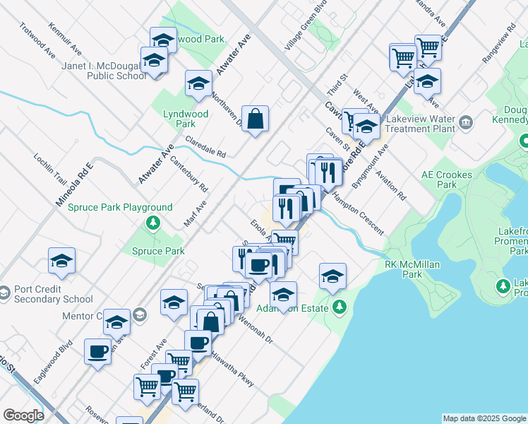 map of restaurants, bars, coffee shops, grocery stores, and more near 1045 Enola Avenue in Mississauga